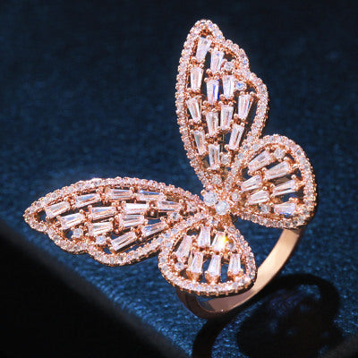 Butterfly Ring Copper Band White Gold Setting Gemstones Jewelry For Women And Girls Elegant Fashionable Copper