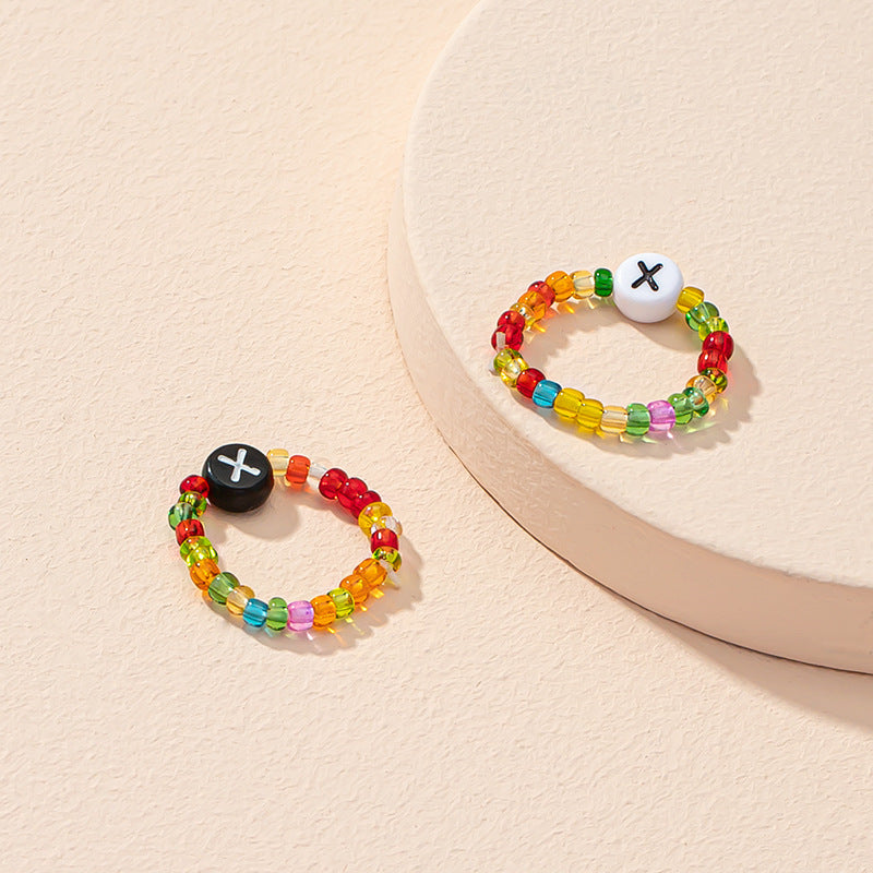 Beaded Letter Initial Ring For Ladies And Men Resin Alphabet Trendy Korean Geometric Ethnic Retro Jewelry Gift