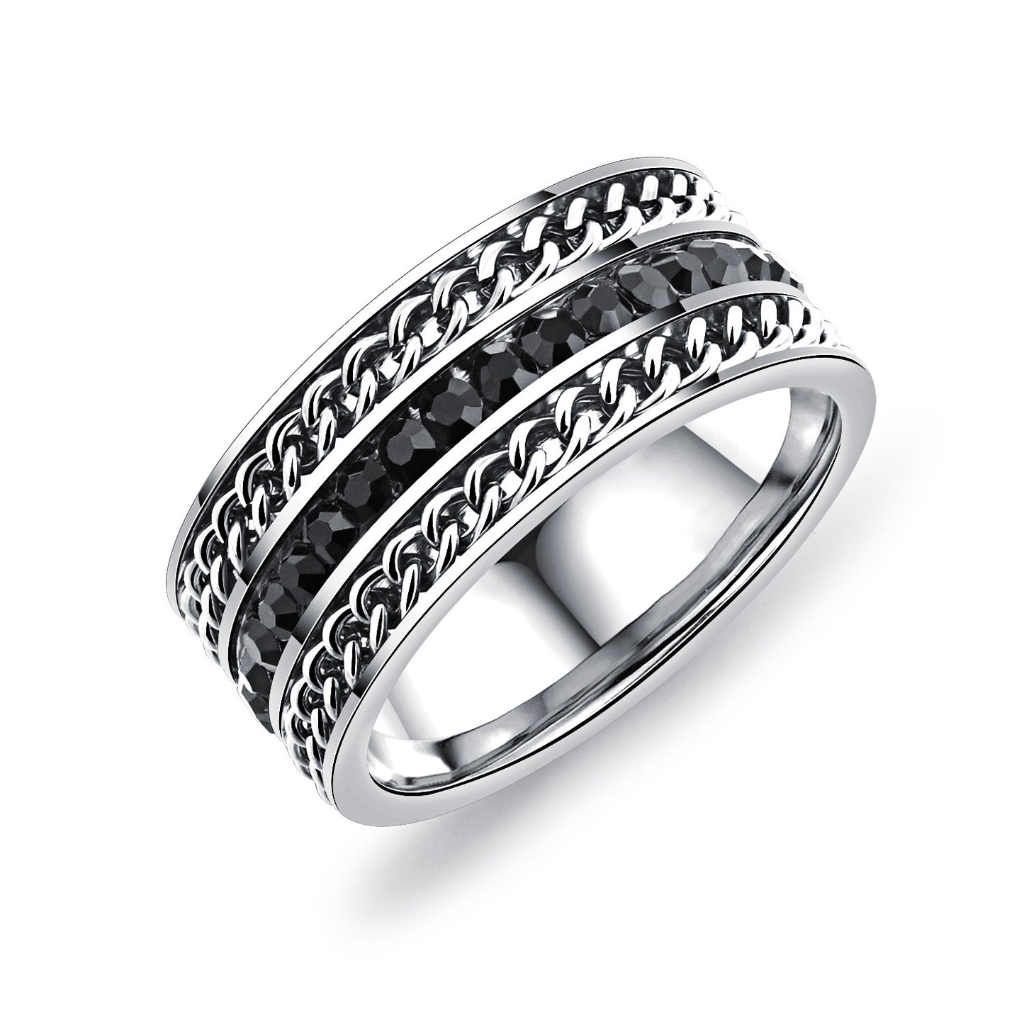 Three Row Wide Cable Chain Black Diamond Ring For Men Titanium Steel With Gem Inlays Elegant Modern Design Art
