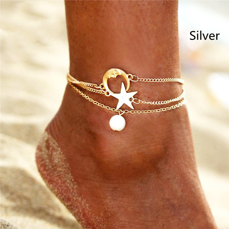 Womens Anklet Set Triple Layer Geometric Electroplated Metallic Finish Adjustable Extender Foot Chain Gold Silver