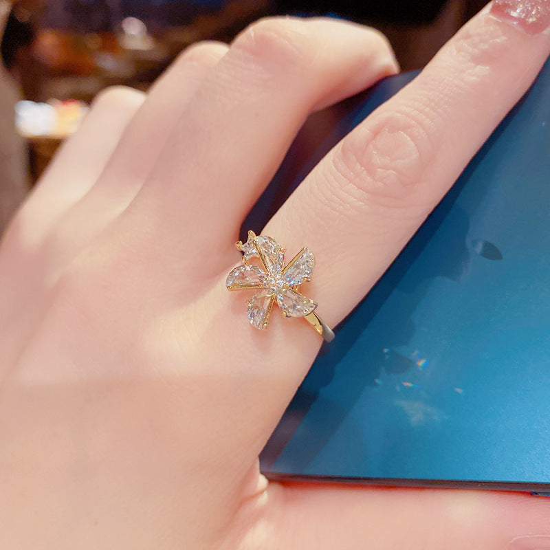 Adjustable Gold Plated Geometric Copper Ring With Artificial Gemstones For Women Statement Jewelry Elegant Daily Wear