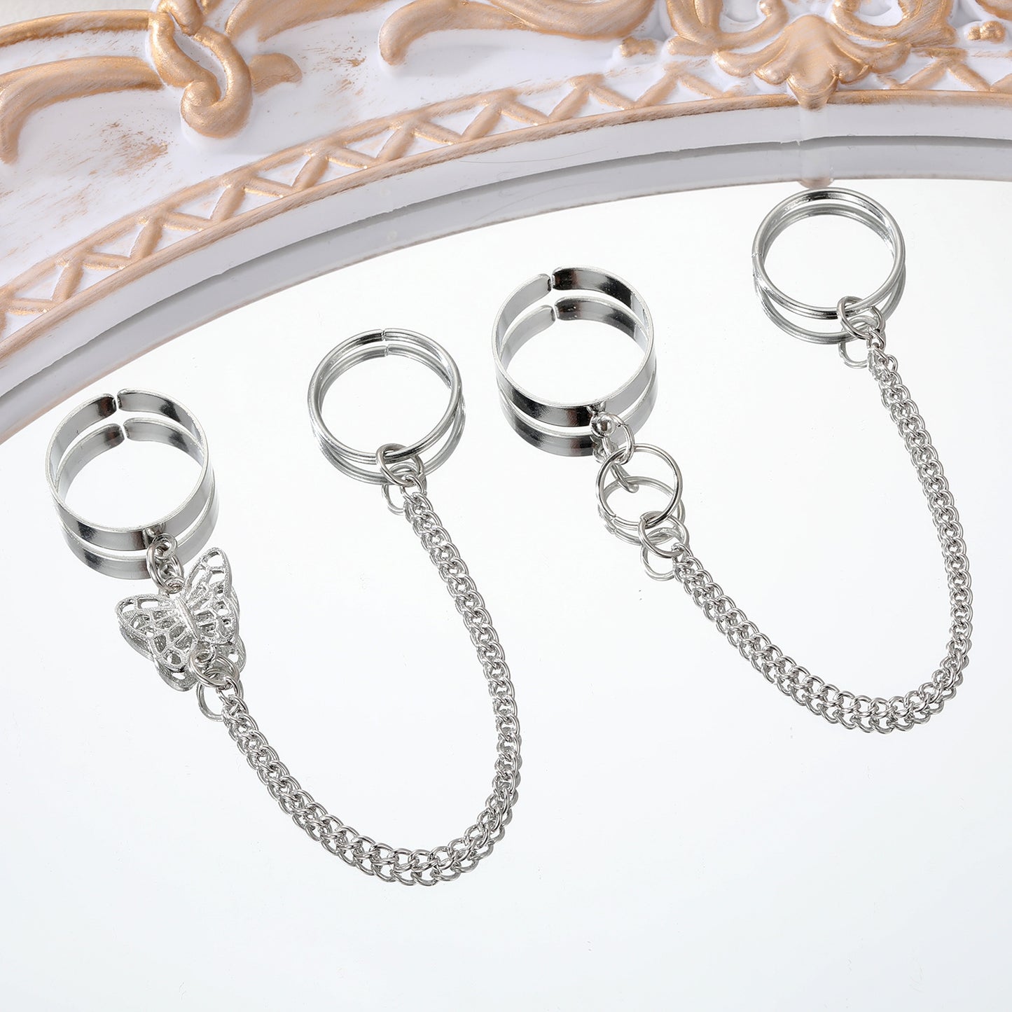 Adjustable Butterfly Chain Ring for Women Men Open Heart Geometric Alloy Electroplated Unisex Ring Trendy Look