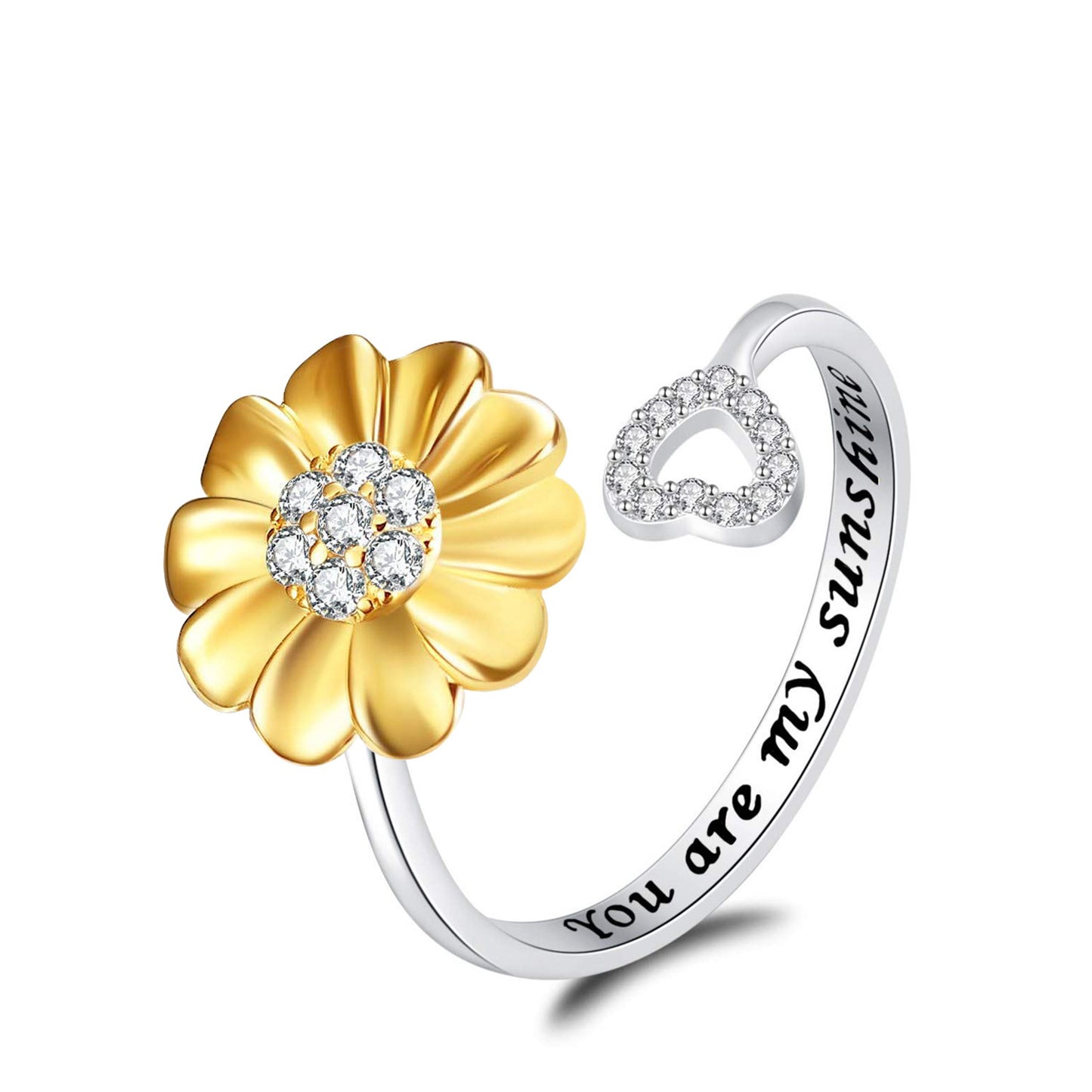 Silver Plated Sunflower Ring Adjustable Open Band Womens Jewelry with Zircon Accent Elegant Everyday Gift Ideas