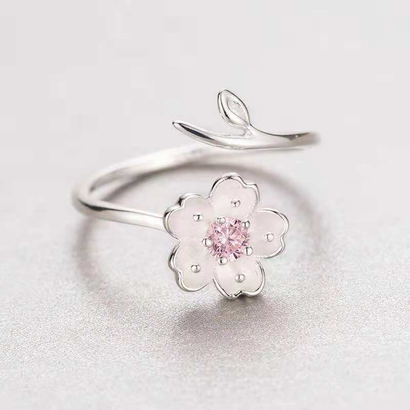 Sterling Silver Tree Branch Flower Ring Open Adjustable Fit For Women Cute Temperament Jewelry Elegant Minimalist Style