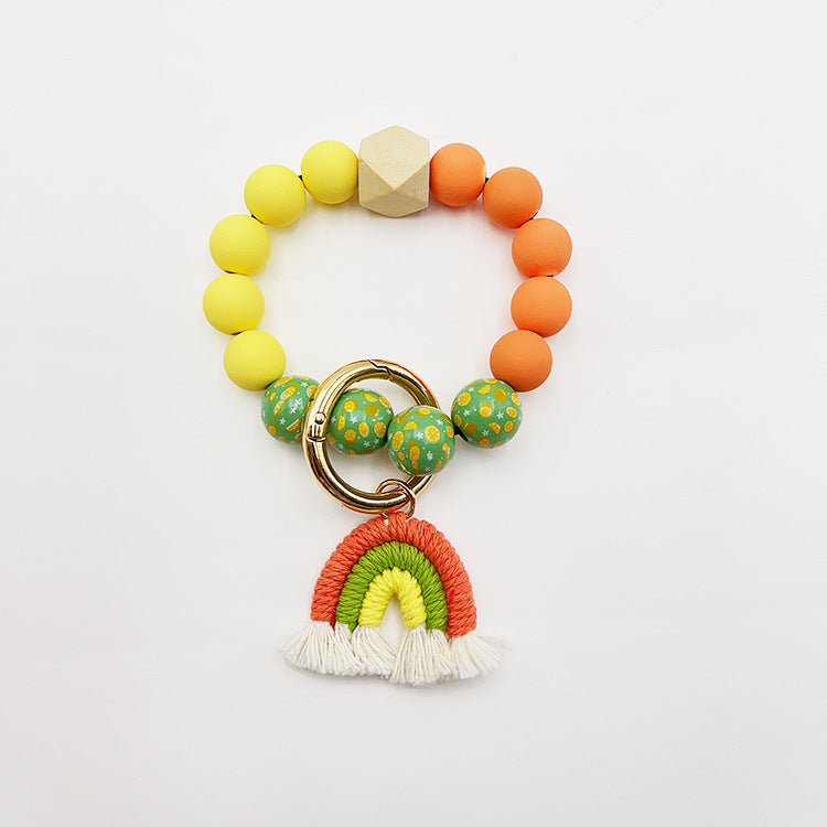 Beaded Bracelet Keychain Handmade Acrylic With Rainbow Tassel And Candy Color Beads European Style Fashionable