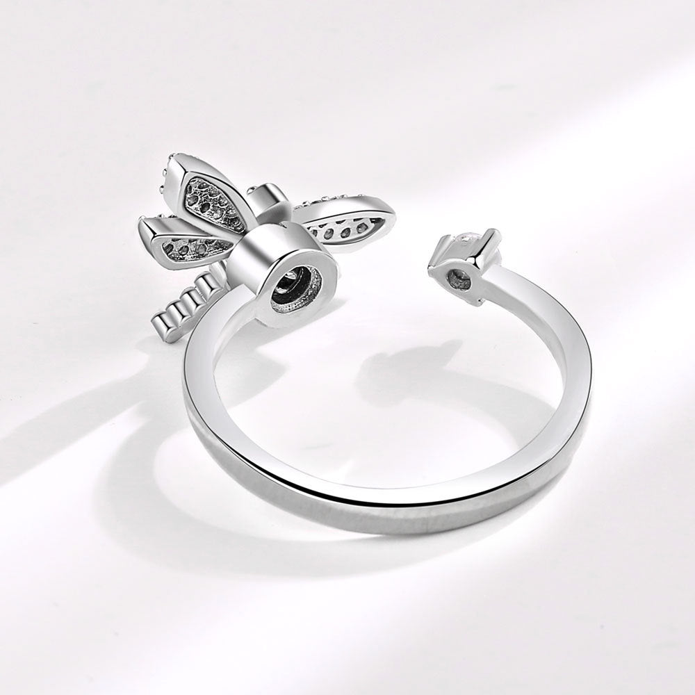 Rotating Dragonfly Zircon Ring White Gold Finish Adjustable