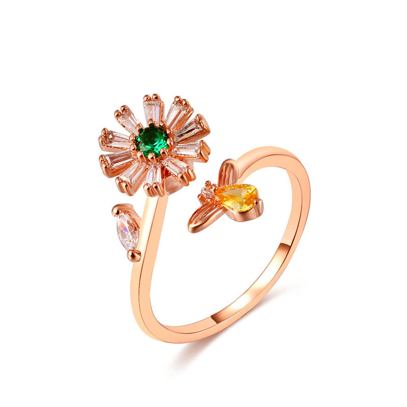 Bee Daisy Rotating Ring Gold Plated Zircon Adjustable Opening Nature Inspired Durable Everyday Jewelry Durable