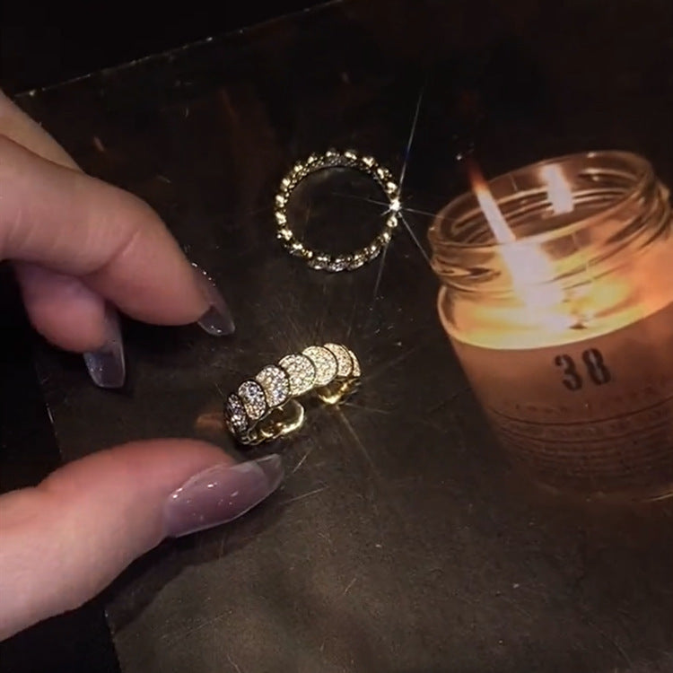 Womens Zircon Ring Gold Plated Copper Geometric Wave Scale Coin Inlay Adjustable Fashion Jewelry Elegant Everyday Wear