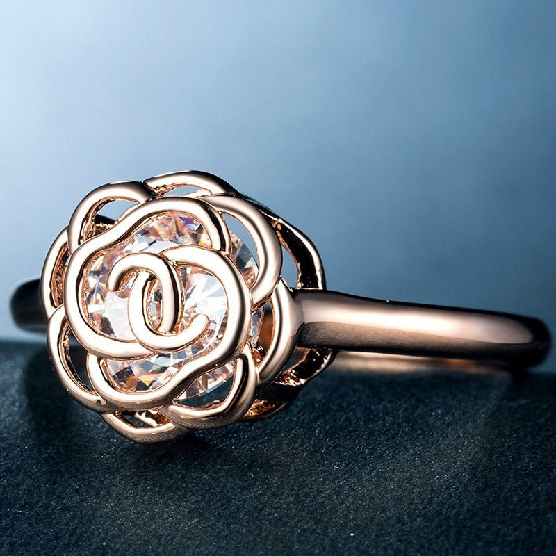 Zircon Ring White Gold Plated Openwork Rose Design Elegant Fashion Jewelry For Daily Wear Daily Wear Accessory