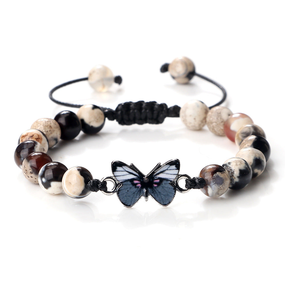 Woven Butterfly Bracelet Adjustable Handmade Tiger Eye Volcanic Rock Agate White Porcelain Bead Jewelry Gift For Women