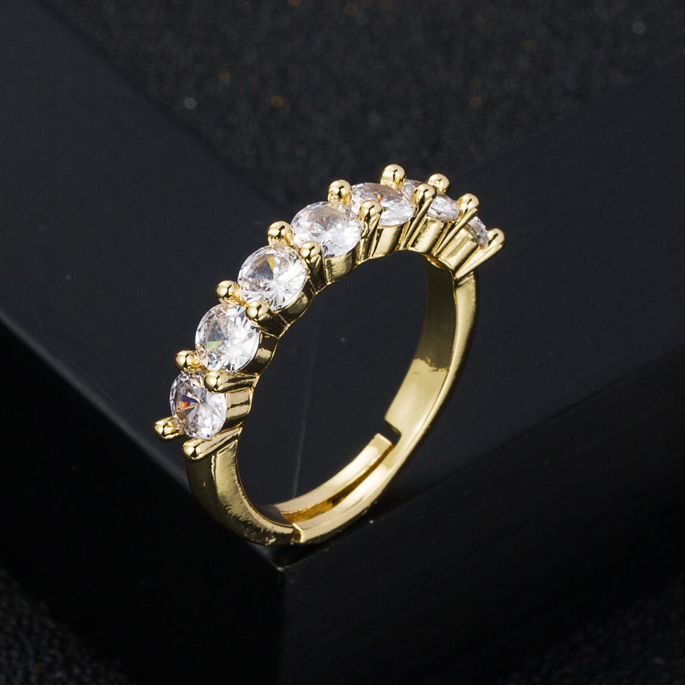 Brass Gold Plated Zircon Ring Unisex Geometric Micro Inlay Style With Adjustable Opening White Zircon Sparkle Finish