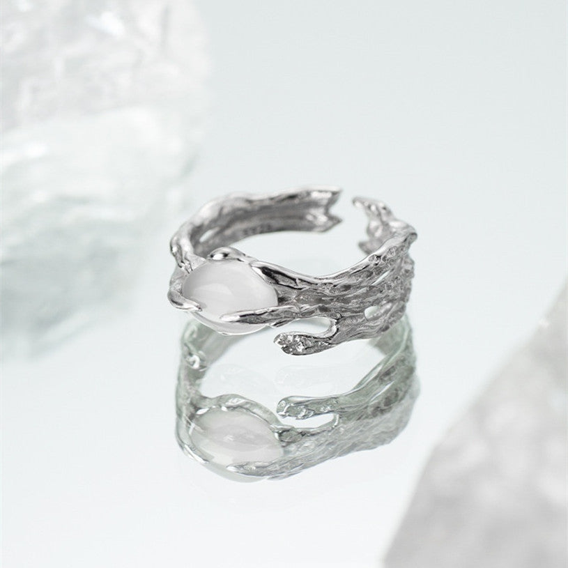 Adjustable Copper Ring With White Agate Texture Unisex Jewelry Gift For Everyday Casual Style Elegant Timeless Sparkle