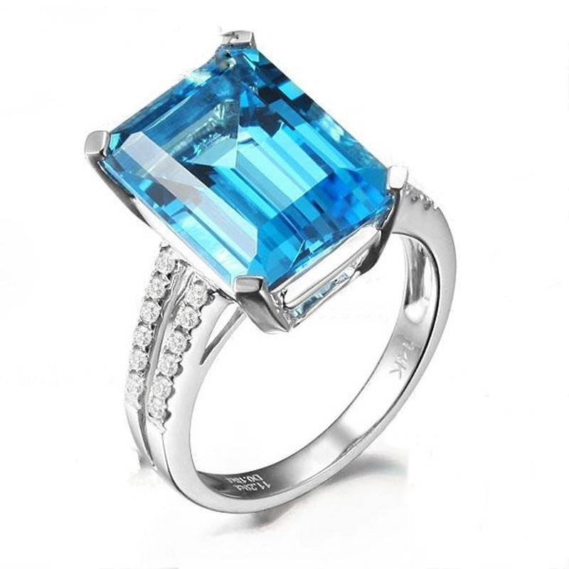 Copper Plated 18k Topaz Aquamarine Inlaid Square Gemstone Ring Zircon Wedding Ring Elegant Sparkle For Events