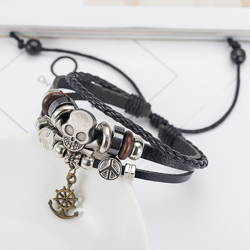Unisex Leather Skull Bracelet With Rudder Pendant Alloy Inlay Skull Crossbones Individually Packed Now For Men