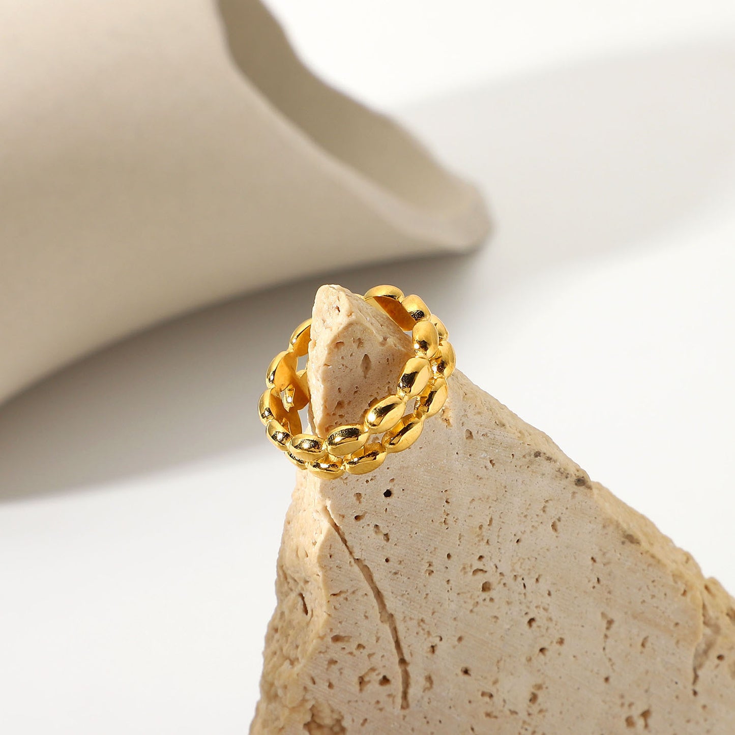 18K Gold Plated Double Layer Oval Bean Ring Stainless Steel Adjustable Fashion Jewelry For Everyday Wear Daily Use