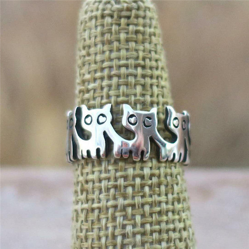 Electroplated Animal Ring Cute Black Cat Retro Thai Silver Design Copper Ring European American Zodiac Jewelry