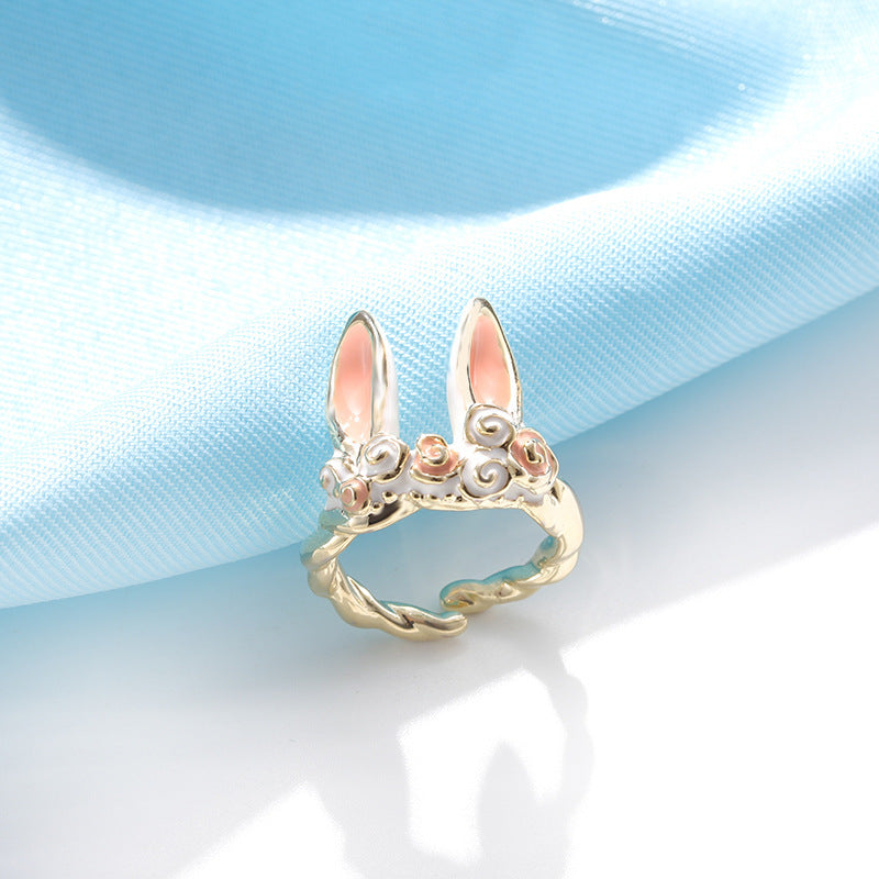 Womens Cartoon Ring Rabbit Ear Metal Ring Oiled Finish Non Inlaid Design Girls Fun Animal Ring Cute Unique Ring
