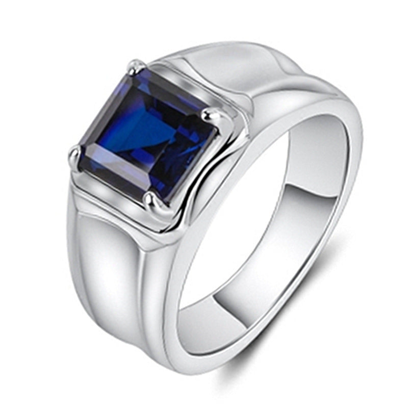 White Gold Plated Blue Green Ruby Men Ring Geometric Korean Style Jewelry Gift Box Ready For Weddings And Everyday Wear