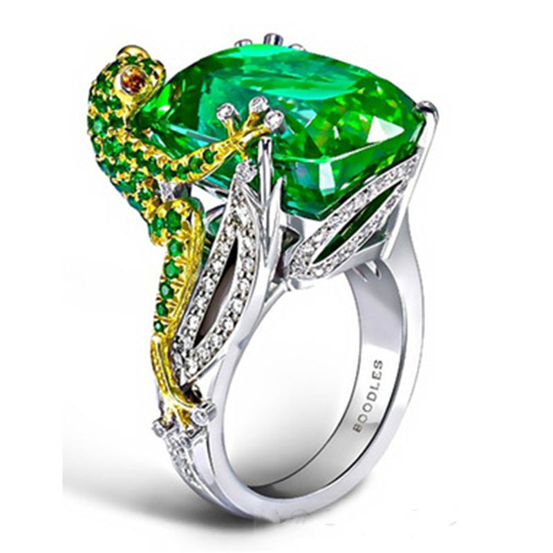 Chameleon Lizard Ring Zircon Inlaid Alloy European American Animal Jewelry Two Tone Durable Versatile Bold Chic