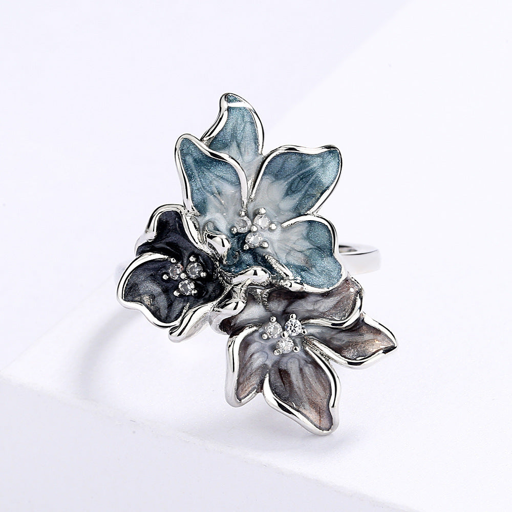 Simple Chinese Style Splash Ink Epoxy Inlaid Zircon Flower Ring For Women Retro Vintage Jewelry Elegant Finish