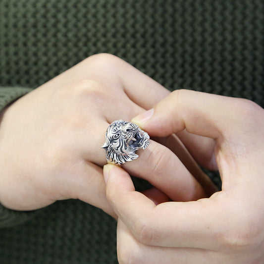 Adjustable Tiger Ring Vintage Animal Zodiac Copper Electroplated Retro Opening Ring Thai Silver Face Width24mm