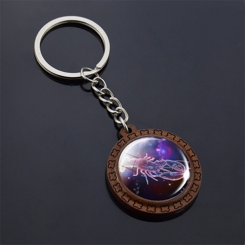 Wooden Carved Constellation Zodiac Keychain with Time Gem Pendant and Glass Accents for Purse Blue Finish Gift