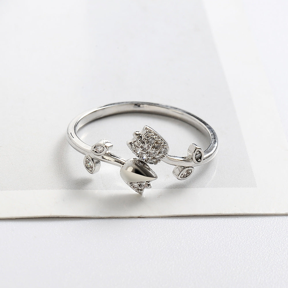 Vintage Rose Copper Ring With Inlaid Gemstones Flower Design For Women European Fashion Ring Elegant Accessory