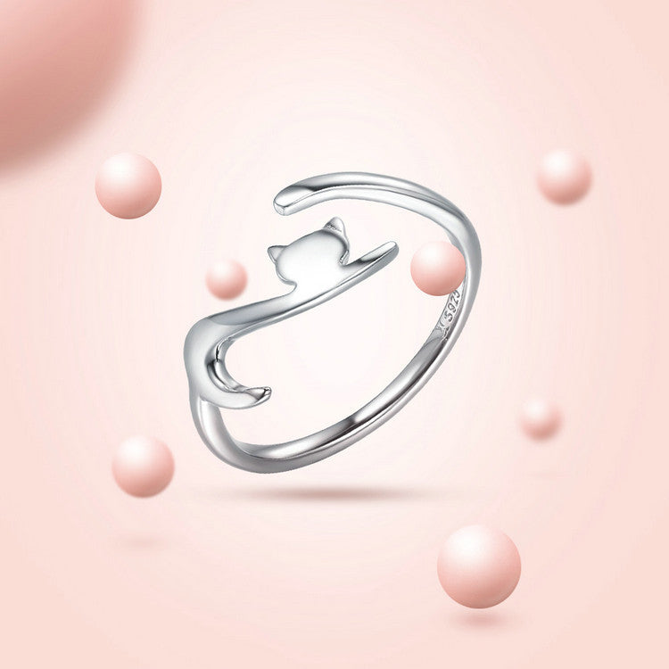 Cat Chasing Tail Sterling Silver Ring Whimsical Playful Design Animal Lovers Gift Fashion Cute Silver Ring 925
