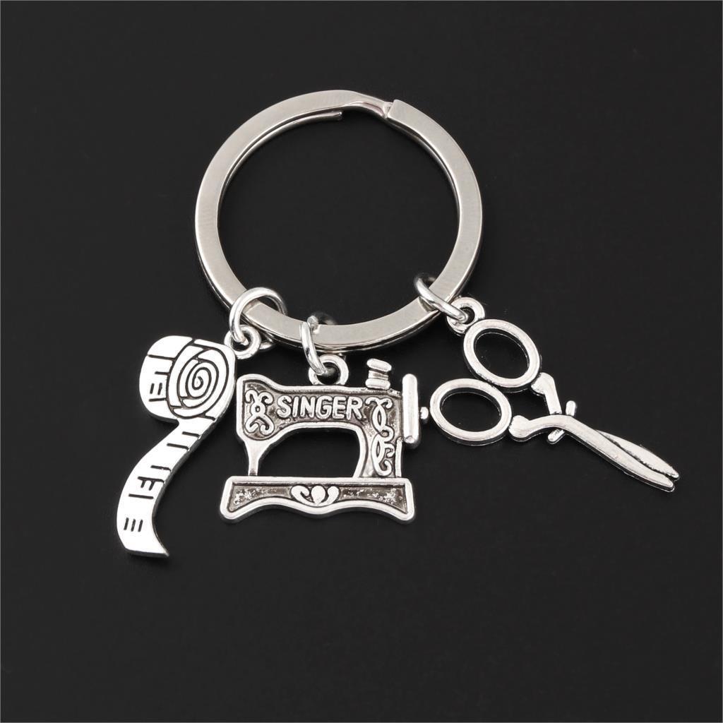 Womens Pendant Keychain Necklace Sewing Machine Scissors Tape Measure Design Metal Keyring White Jewelry White Metal