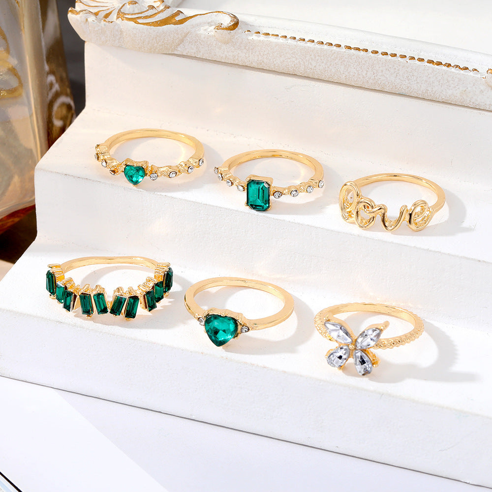 Butterfly Ring Set Inlaid Emerald Green Gems Retro Diamond Design Alloy Rings 6 Piece Fashion Jewelry Ring Set