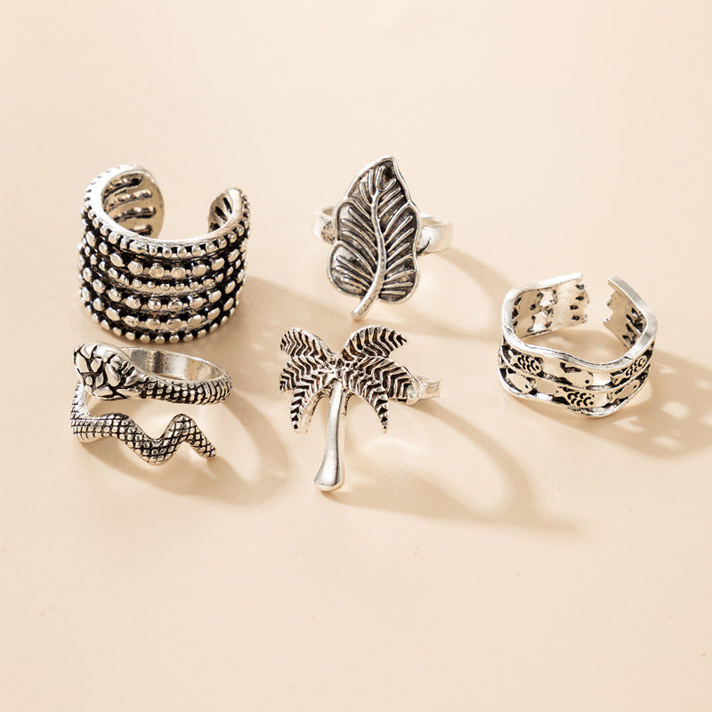 Gold Plated Adjustable Ring Set Retro Opening Design Featuring Fish Snake Coconut Tree And Leaf Shapes Jewelry