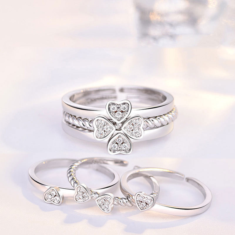 Womens Three Ring Set Four Leaf Clover Gold Plated Inlaid Gemstones Fashion Jewelry Accessory Elegant Gift For Women