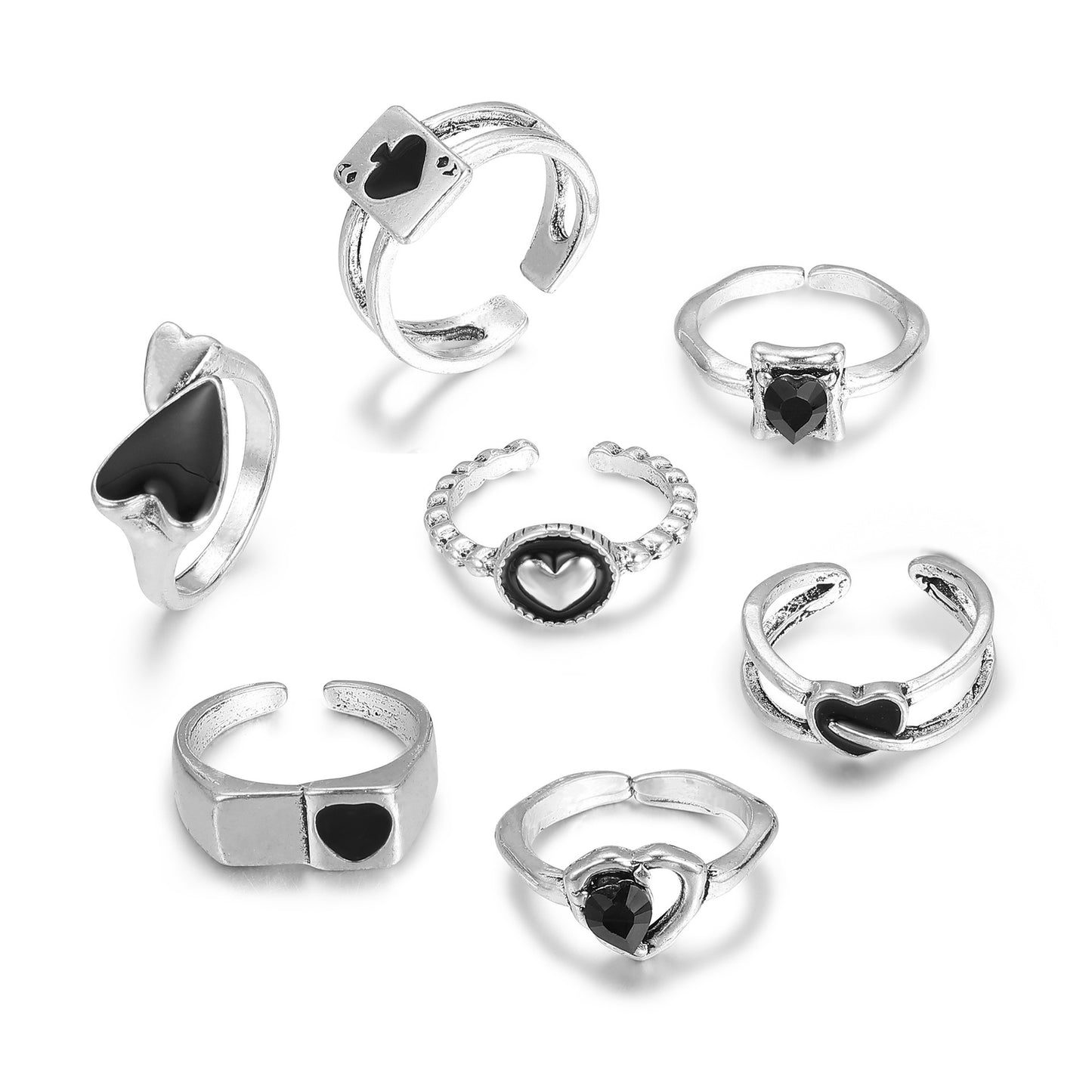 Womens Ring Set With Black Love Heart Oil Dripping Design Seven Piece Alloy Metal Rings Unisex Fashion Jewelry