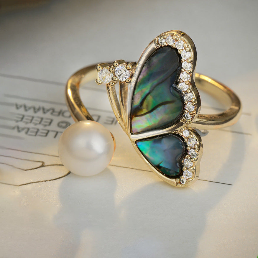 Butterfly Pearl Ring Adjustable Copper Jewelry For Her Gift