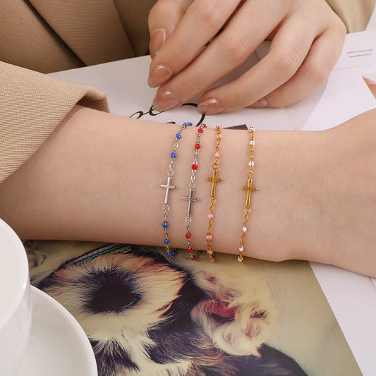 Womens Titanium Steel Bracelet With Resin Inlay Vintage Cross Letters European Fashion Jewelry Accessory For Women