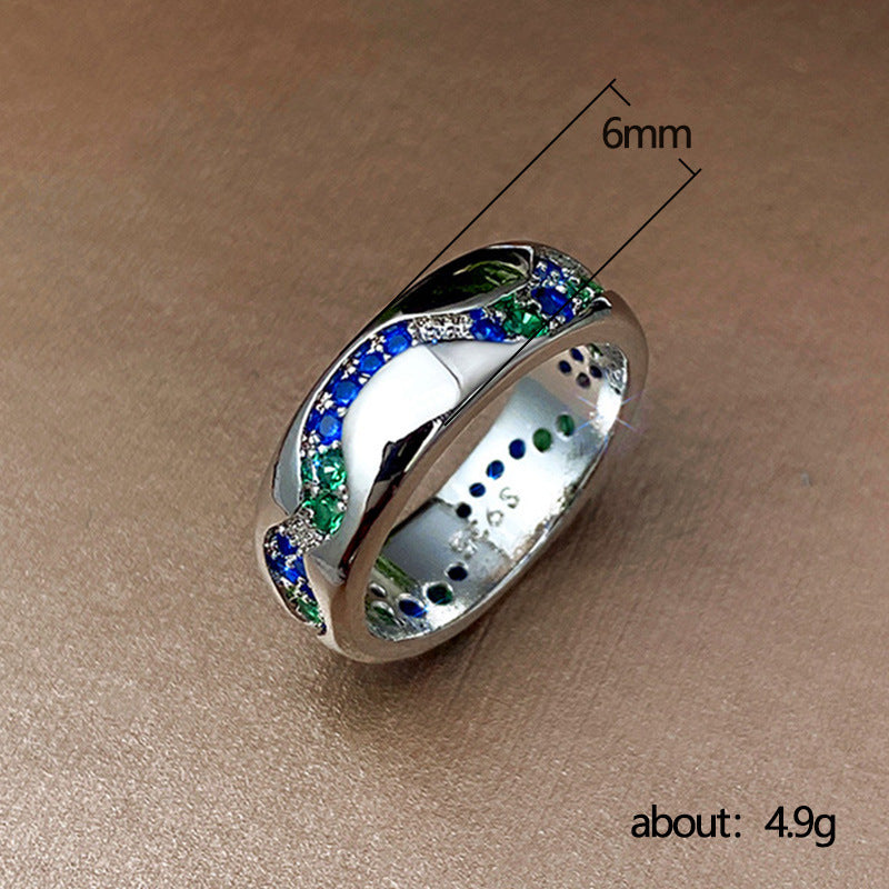 Couple Ring Blue Green Zircon Inlaid Geometric Copper White Gold Plated Wedding Engagement Anniversary Jewelry