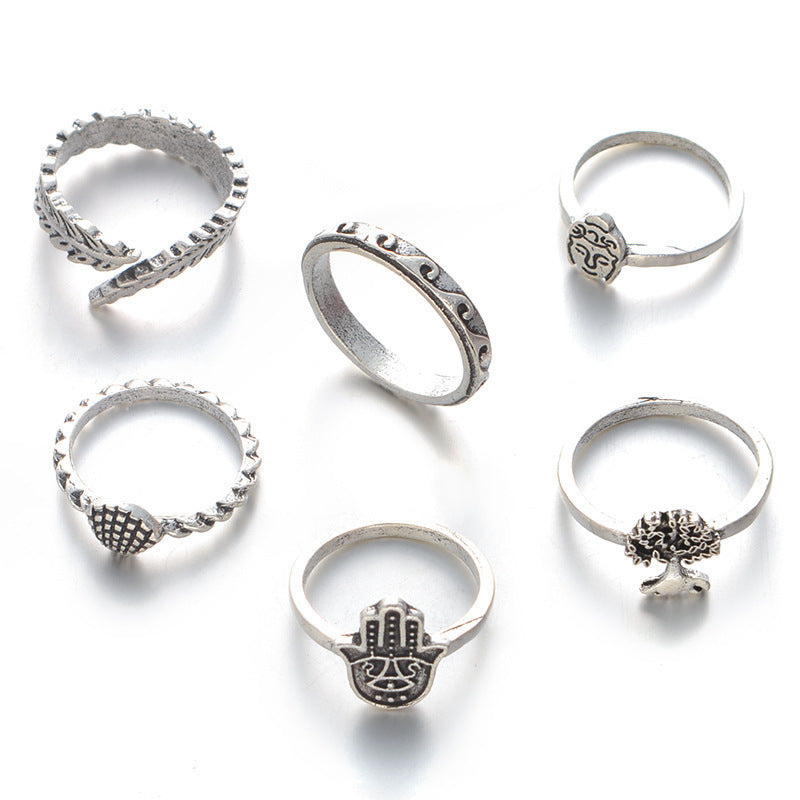 Womens Vintage Carved Alloy Rings Set European American Geometry Design Palm Leaf Ring Tail Ring Electroplated