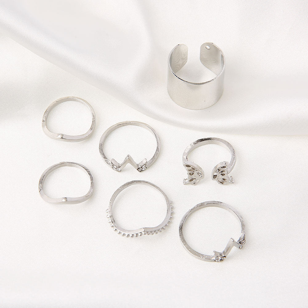 7 Piece Alloy Ring Set For Women With Butterfly Design And Diamond Inlays V Shape Fashion Jewelry Silver Tone Set