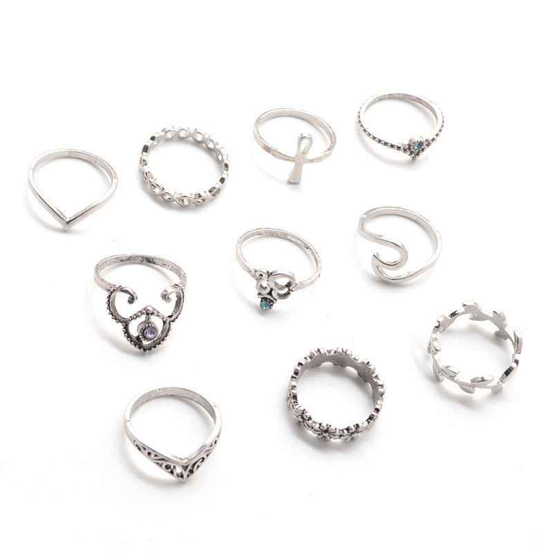 Womens Vintage Gemstone Ring Set Geometric Hollow Carved