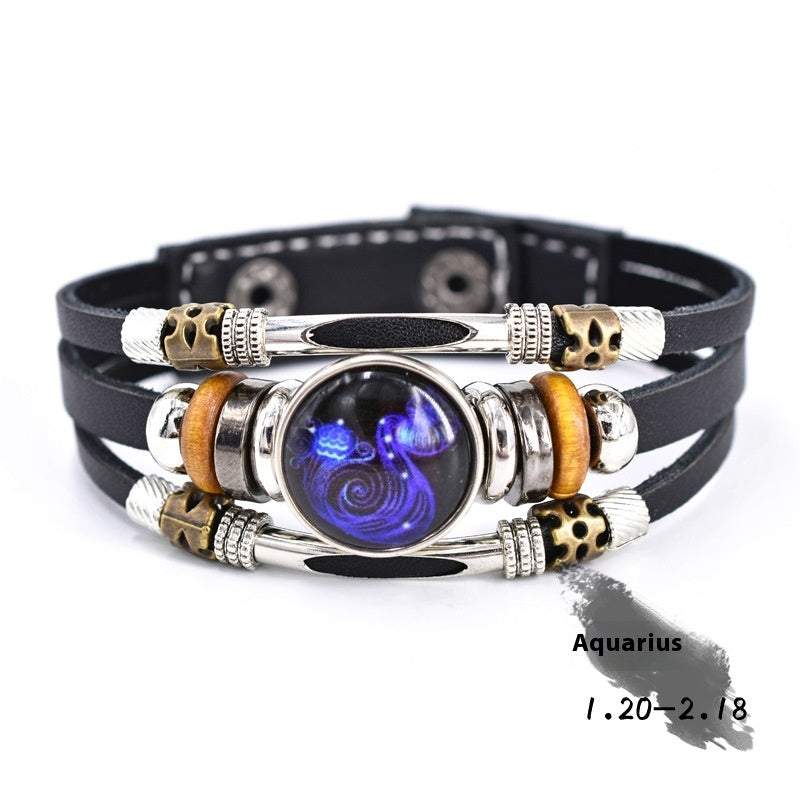 Woven Leather Bracelet With Three Layer Beads And Metal Accents Retro Ethnic Patterned Distressed Constellation