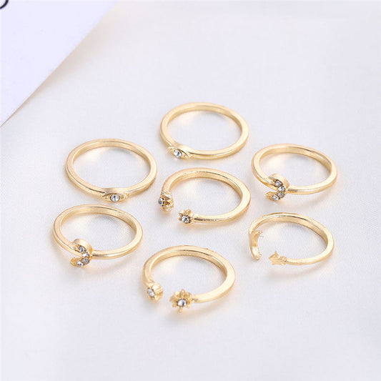 Womens Star Ring Set 7 Piece Golden Alloy Open Rings Adjustable Retro European American Simple Elegant Sparkle