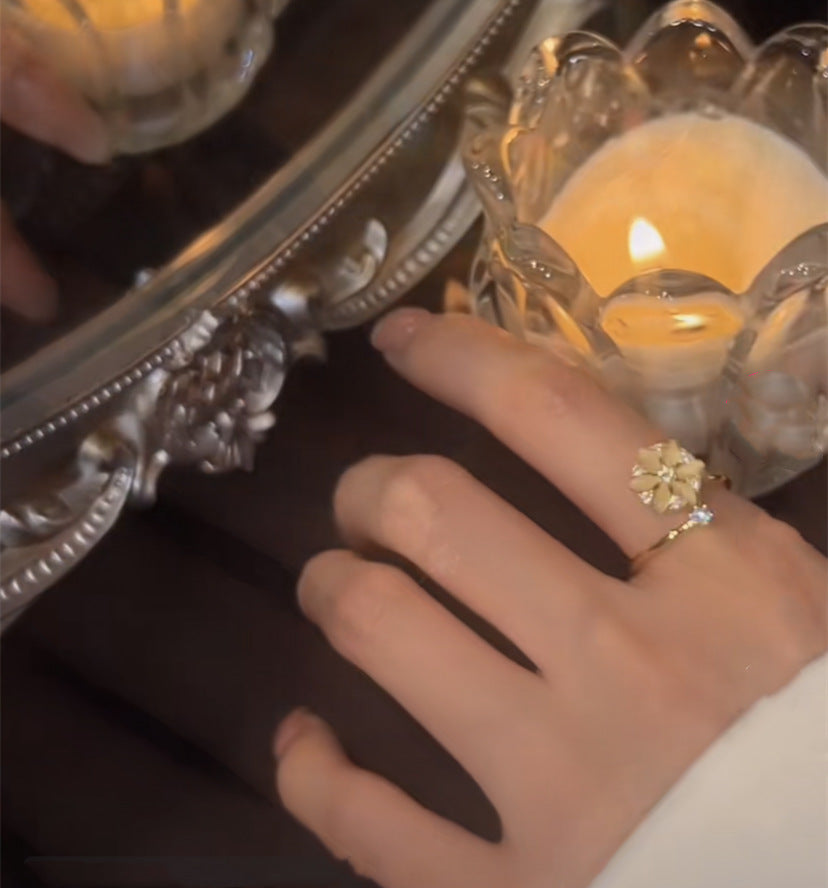 Women Opal Spinning Flower Ring Copper Zircon Accented Rotating Design Adjustable Finger Jewelry For Her Gifts