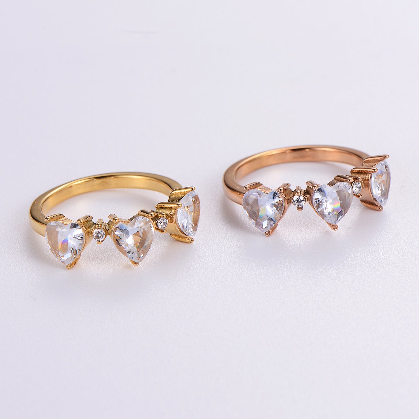 Womens Stainless Steel Heart Ring with Zircon Stone Electroplated Gold or Rose Gold Finish Heart Shape Ring for Her