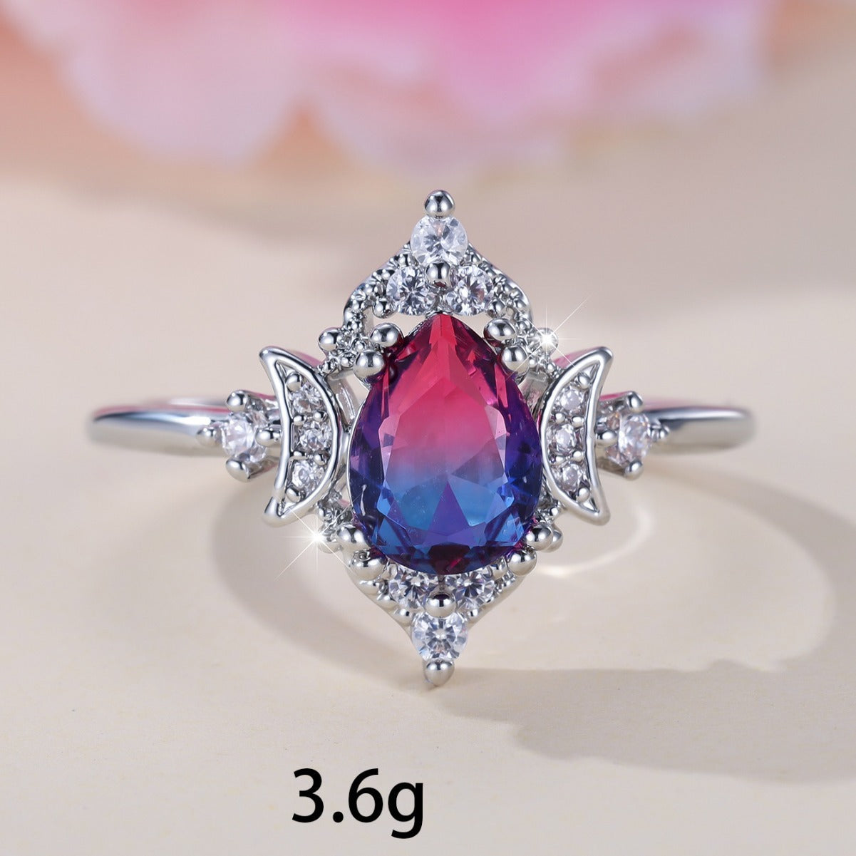Copper Crown Ring Women Water Drop Tourmaline Style Fashionable Personality Statement Jewelry Silver Rose Blue