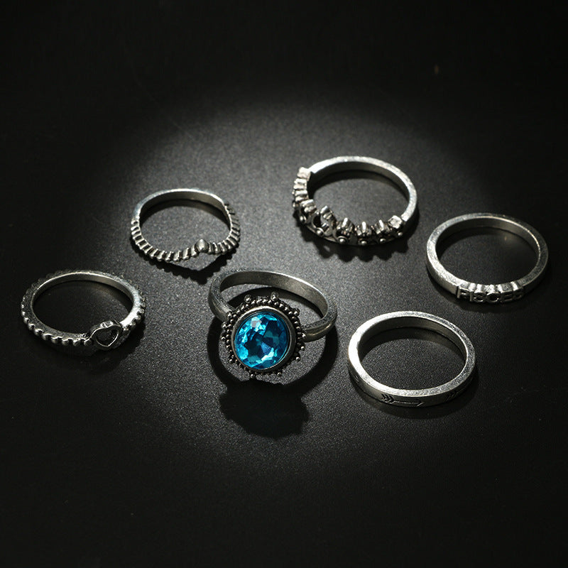 Vintage Alloy Ring Set Heart Shaped Crown Stone Geometric