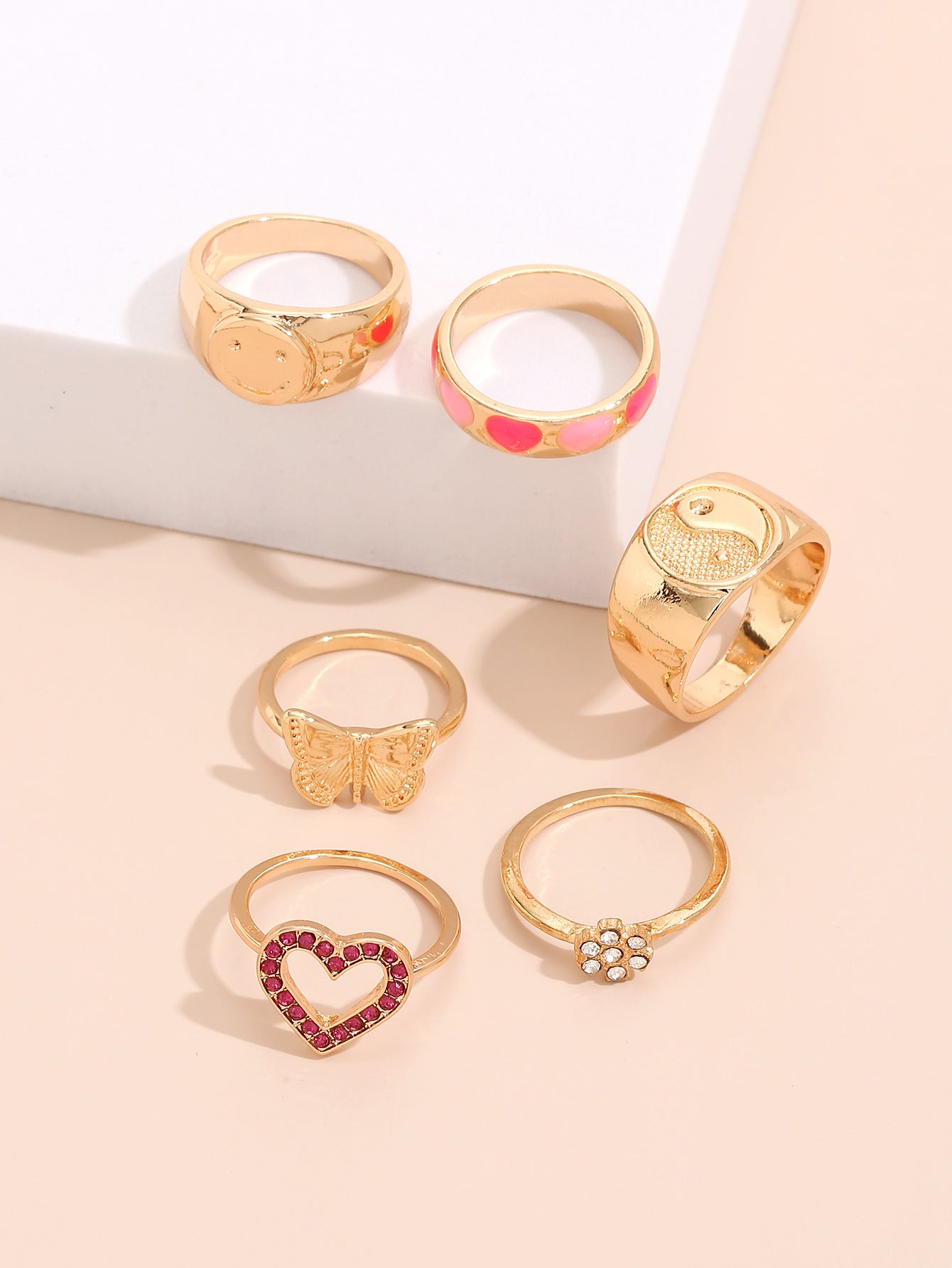 Trendy Butterfly Smiley Ring Set Geometric Rings Korean Style Zinc Alloy Jewelry For Holiday Gift Fashion Accessories