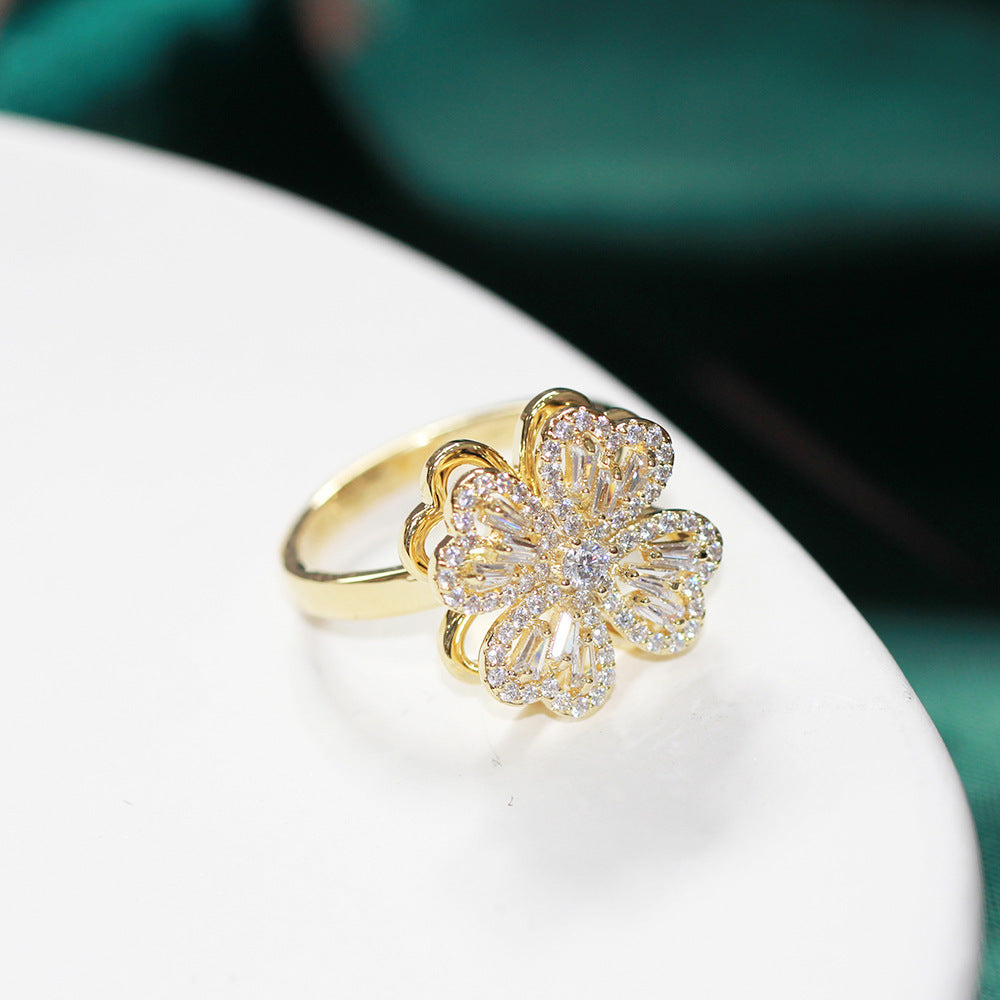 Womens Rotatable Clover Ring Gold Plated Copper Adjustable Fashion Korean Ring Lucky Four Leaf Clover Ring Set