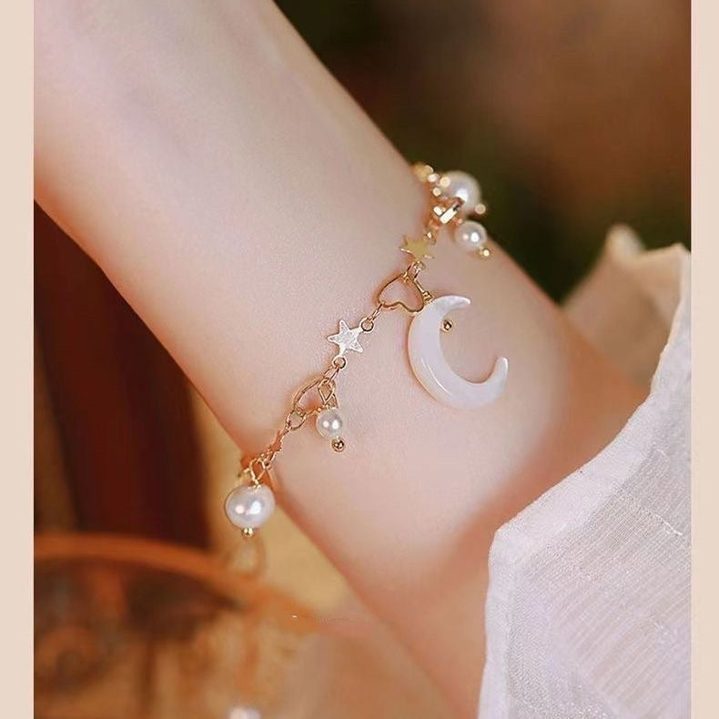 Womens Pearl Bracelet Crescent Star Charm Geometric Fashion Jewelry Gift For Her Zinc Alloy Elegant Gift Ideas