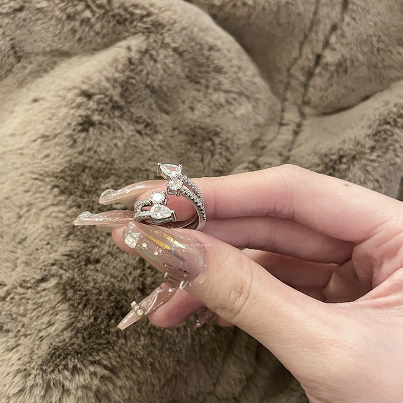 Womens Zircon Water Drop Copper Geometric Ring Open Adjustable Dual Layer Elegant Chic Jewelry Gift Idea Today