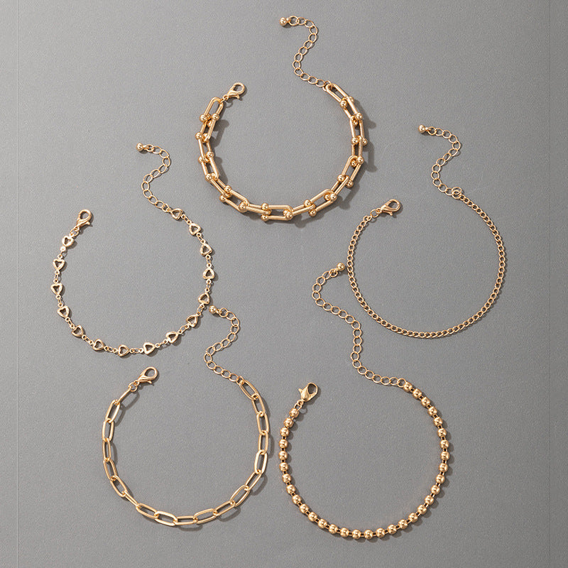 Women Trendy Alloy Bracelet Set European American Style Five Piece Jewelry For Her With Adjustable Links For Custom Fit